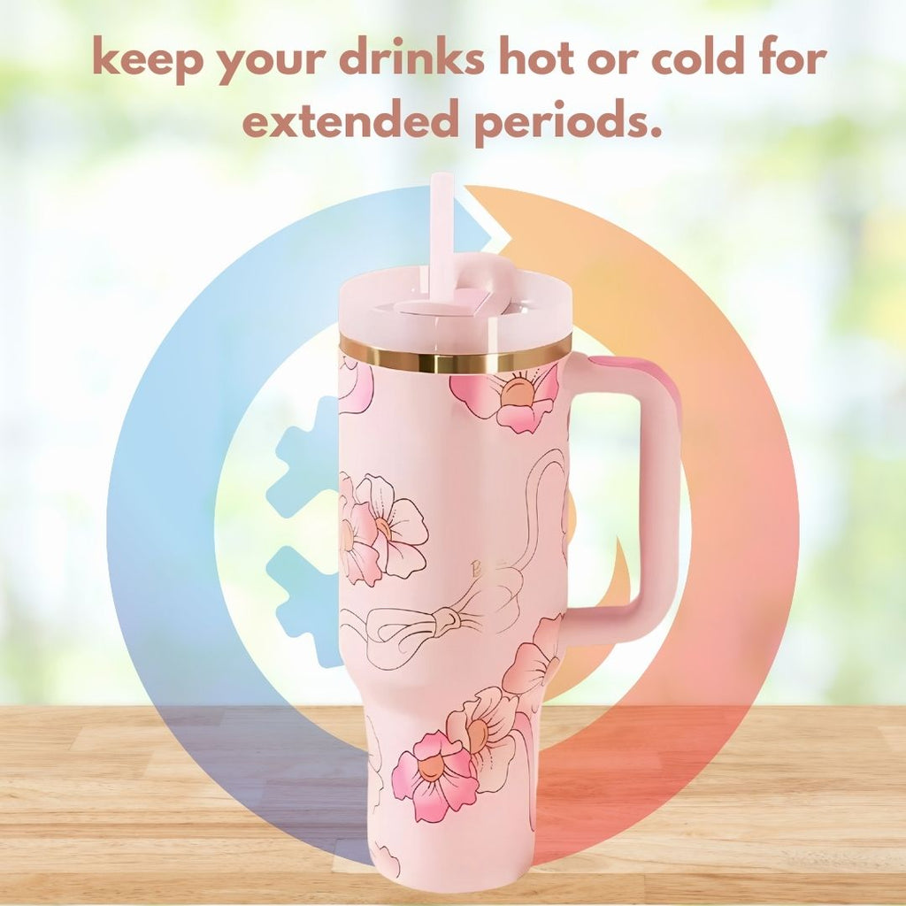 Floral Pattern Insulated Tumbler With Handle And Straw Lid Detail - Broklen