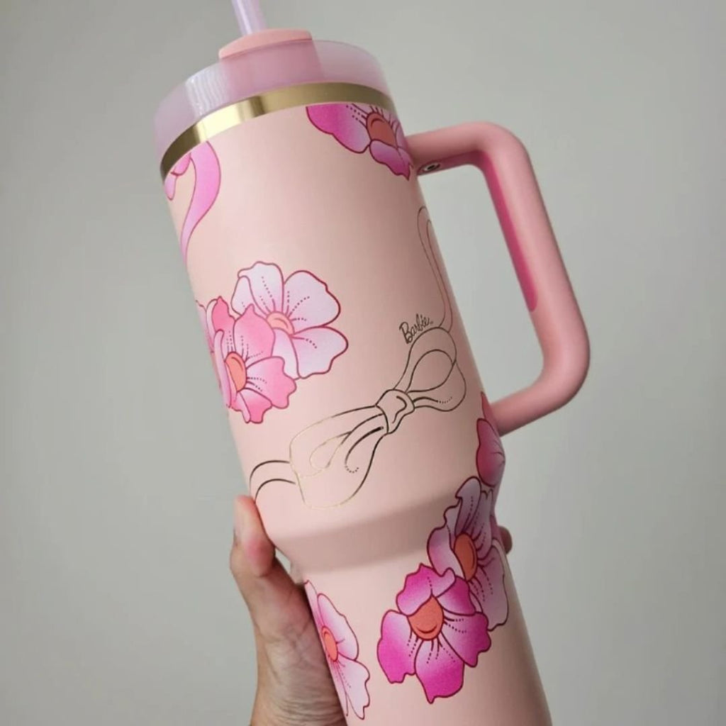 Floral Pattern Insulated Tumbler With Handle And Straw - AR UNIVERSALAR UNIVERSAL