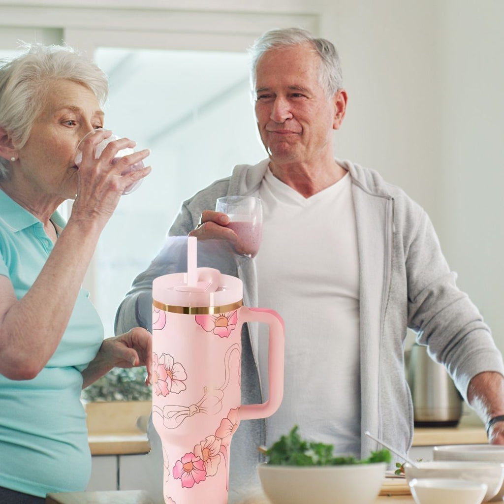 Floral Pattern Insulated Tumbler With Handle And Straw - AR UNIVERSALAR UNIVERSAL