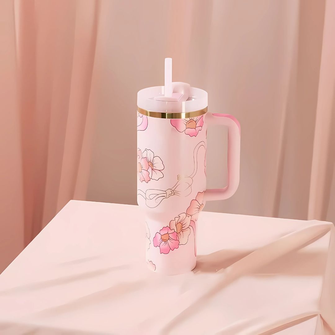 Floral Pattern Insulated Tumbler With Handle And Straw - Broklen