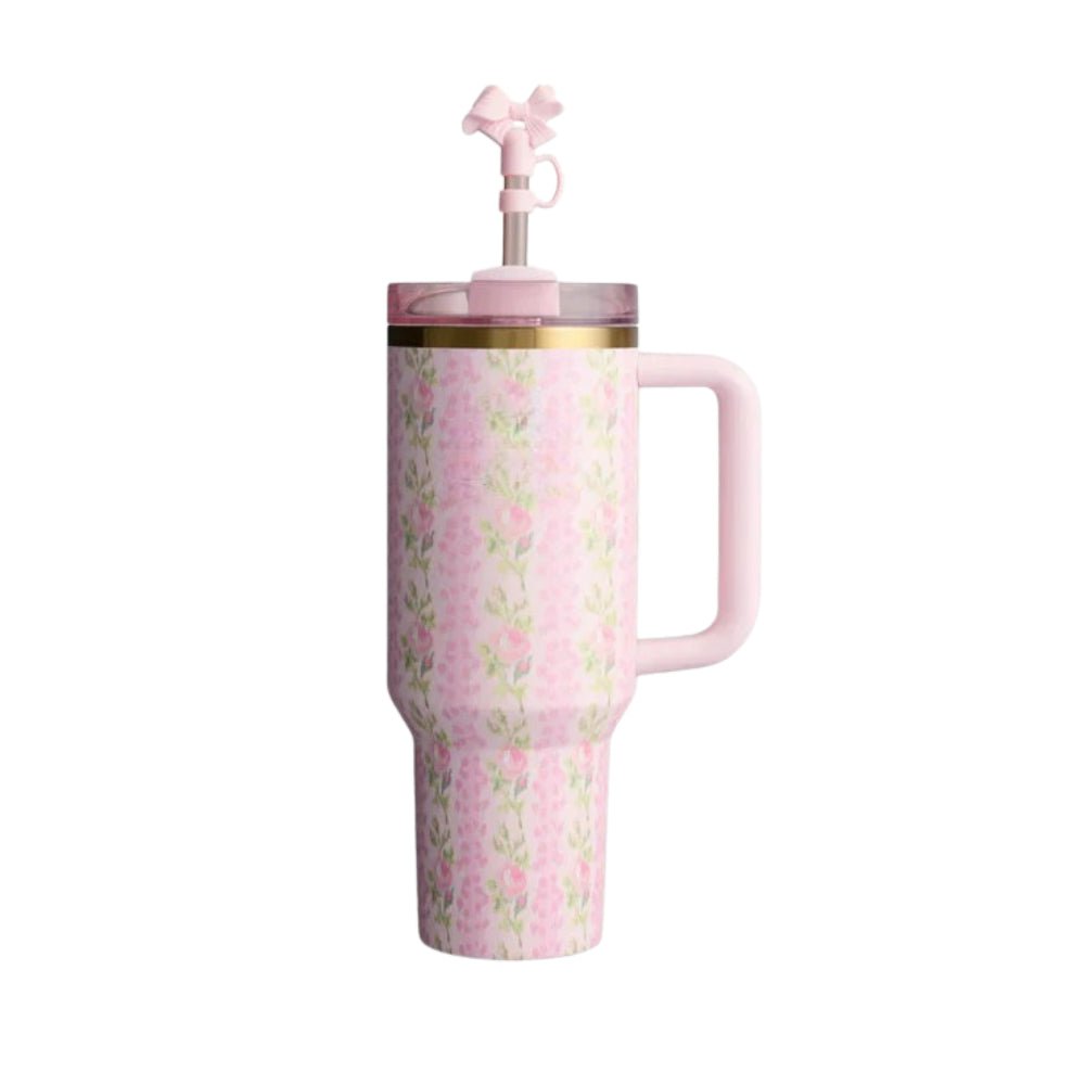 Floral Print Insulated Tumbler With Handle And Straw Lid - Broklen