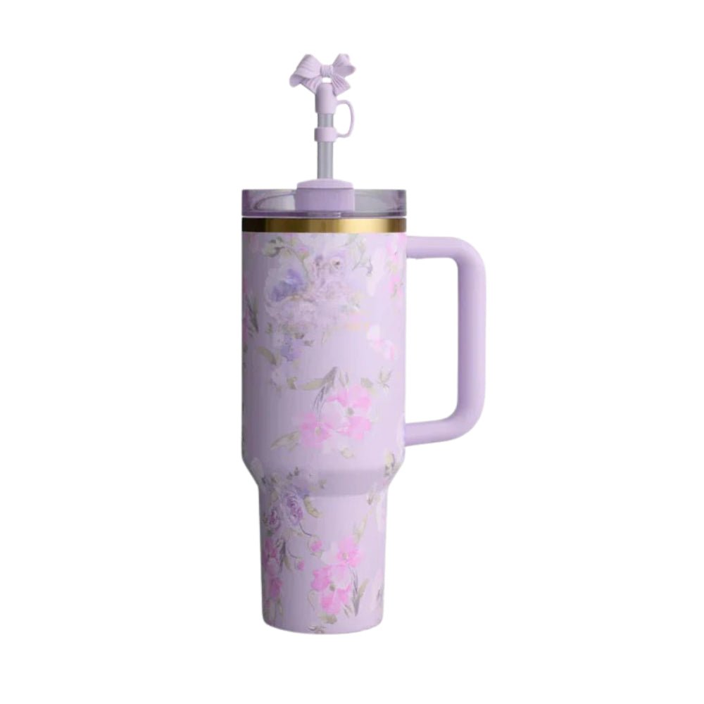 Floral Print Insulated Tumbler With Handle And Straw Lid Side View - Broklen