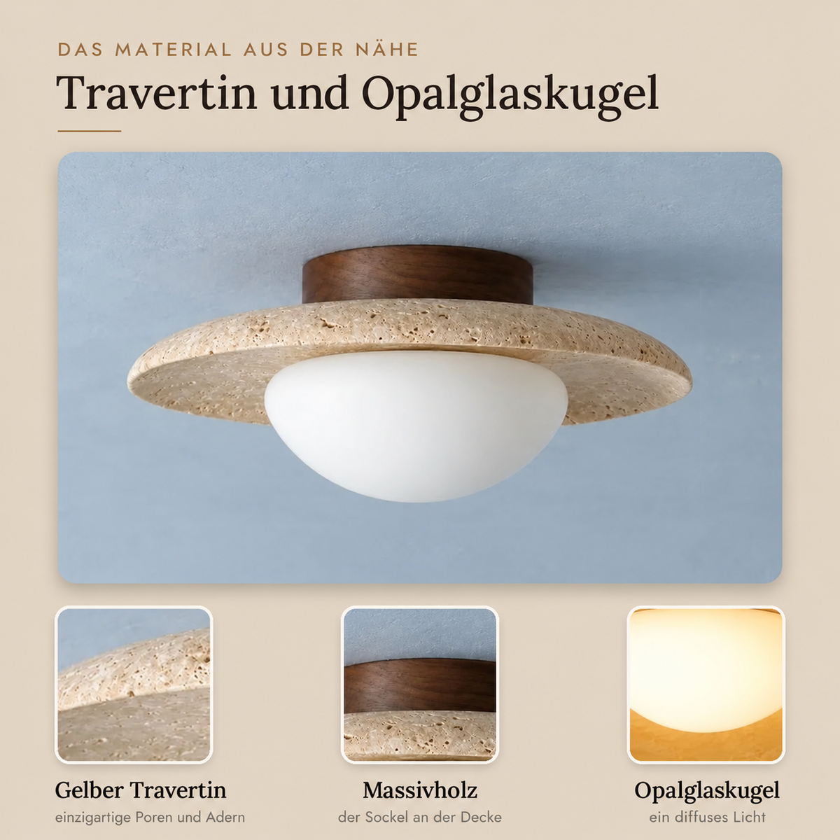 Travertine and Wood Ceiling Light with Opal Globe, Ø 25 cm – view 4 | BROKLEN