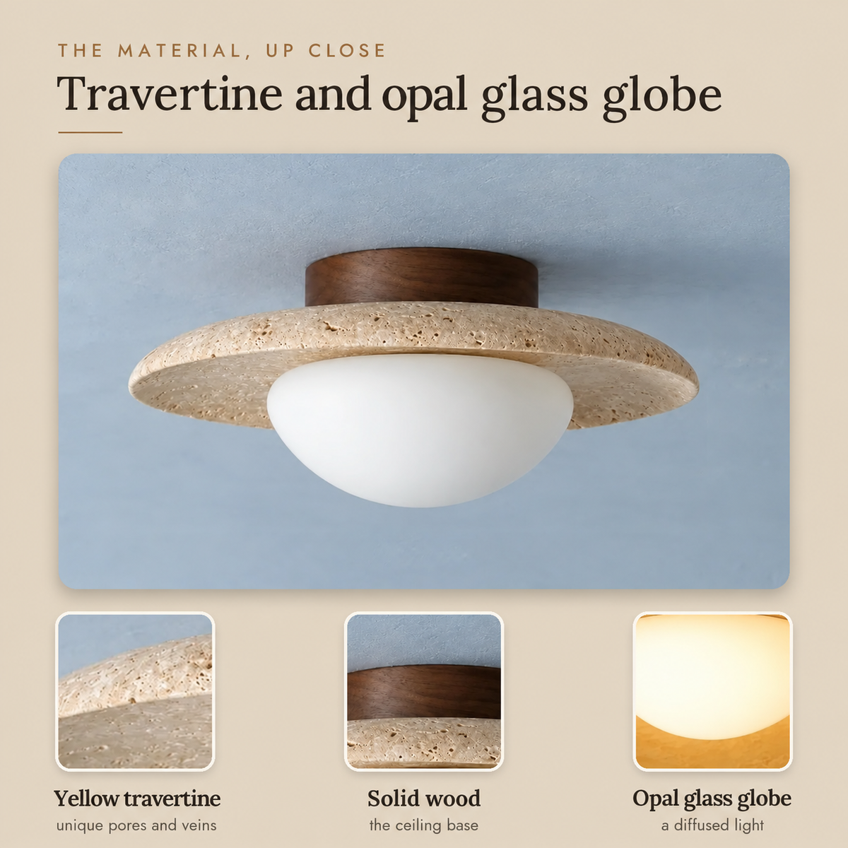 Travertine and Wood Ceiling Light with Opal Globe, Ø 25 cm – view 5 | BROKLEN