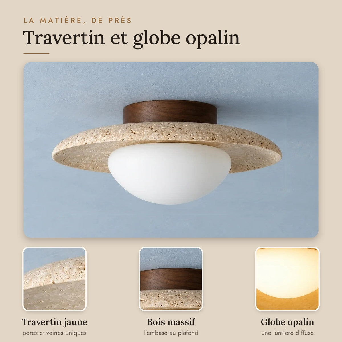 Travertine and Wood Ceiling Light with Opal Globe, Ø 25 cm – view 3 | BROKLEN