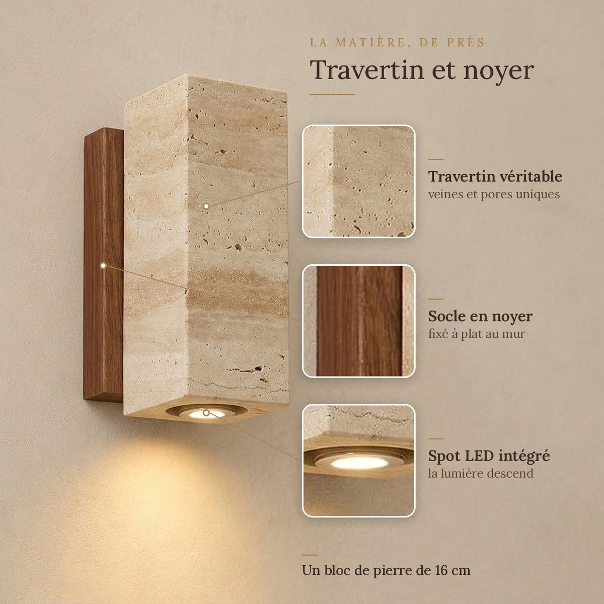 Japanese Yellow Travertine Wall Light, Downlight – view 3 | BROKLEN