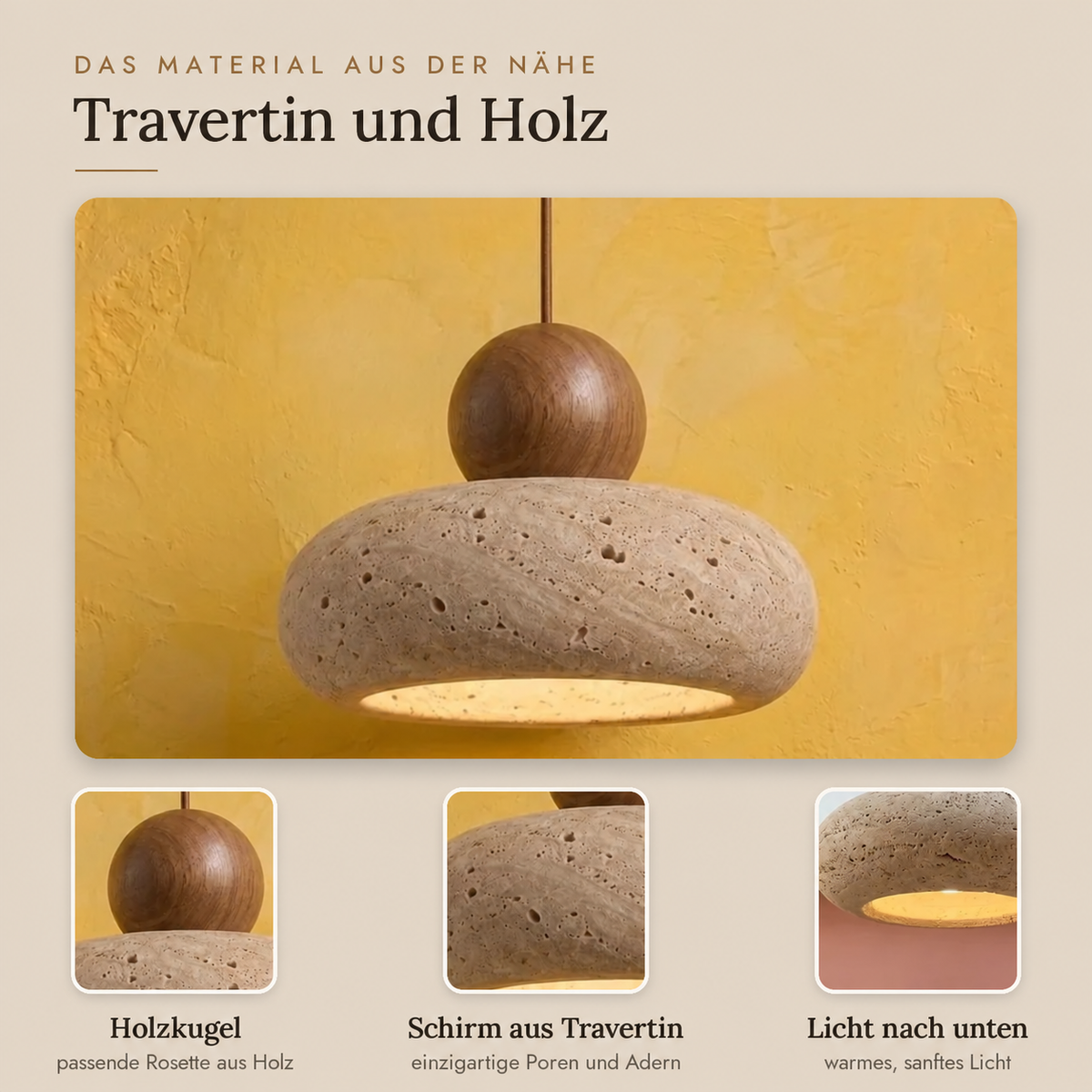 Japanese Wabi-Sabi Travertine Pendant Light, Ø 15 cm – view 4 | BROKLEN