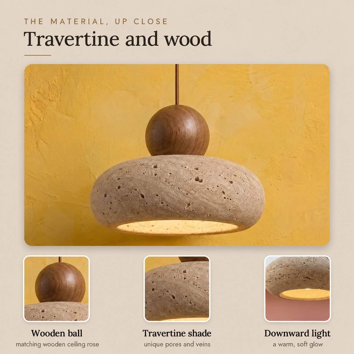 Japanese Wabi-Sabi Travertine Pendant Light, Ø 15 cm – view 5 | BROKLEN