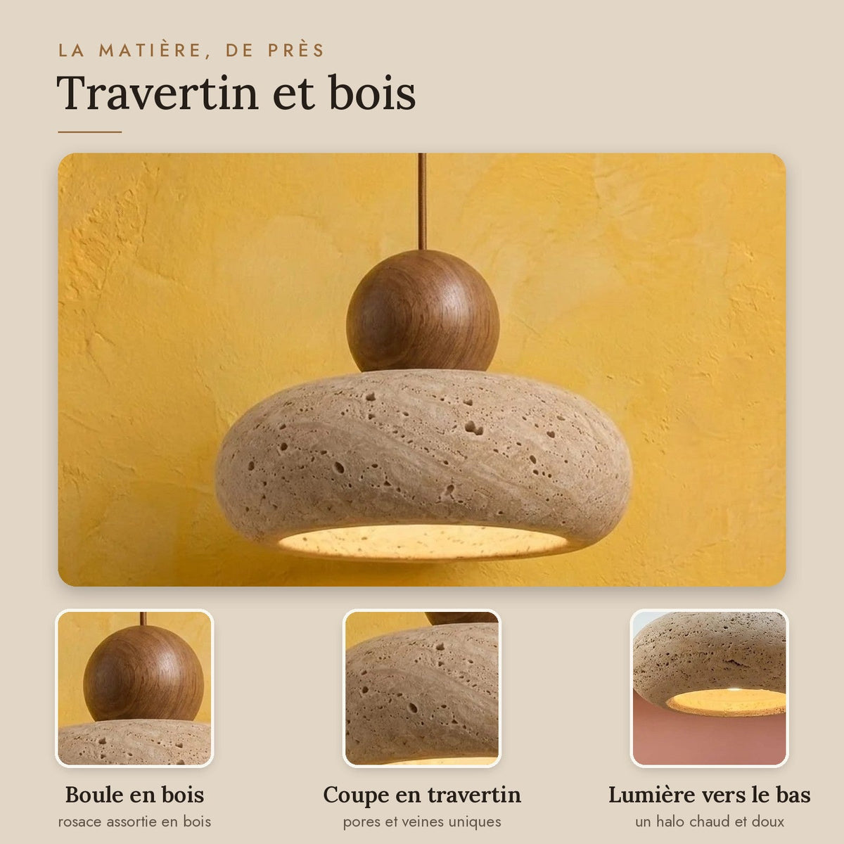 Japanese Wabi-Sabi Travertine Pendant Light, Ø 15 cm – view 3 | BROKLEN