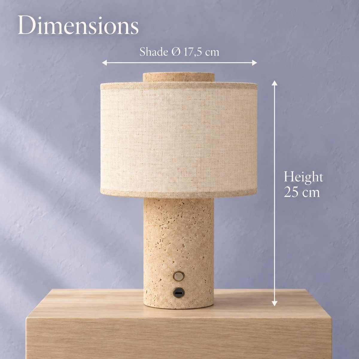 Cordless Travertine and Linen Bedside Lamp, USB-C Rechargeable – view 6 | BROKLEN