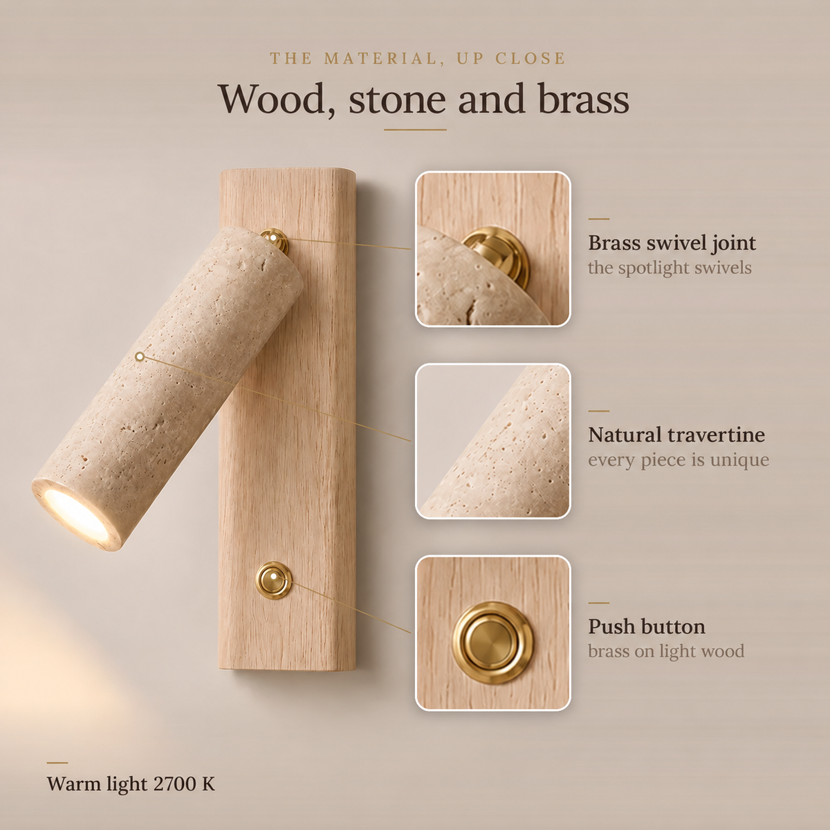 Travertine and Wood Reading Wall Light, Adjustable Spot – view 21 | BROKLEN