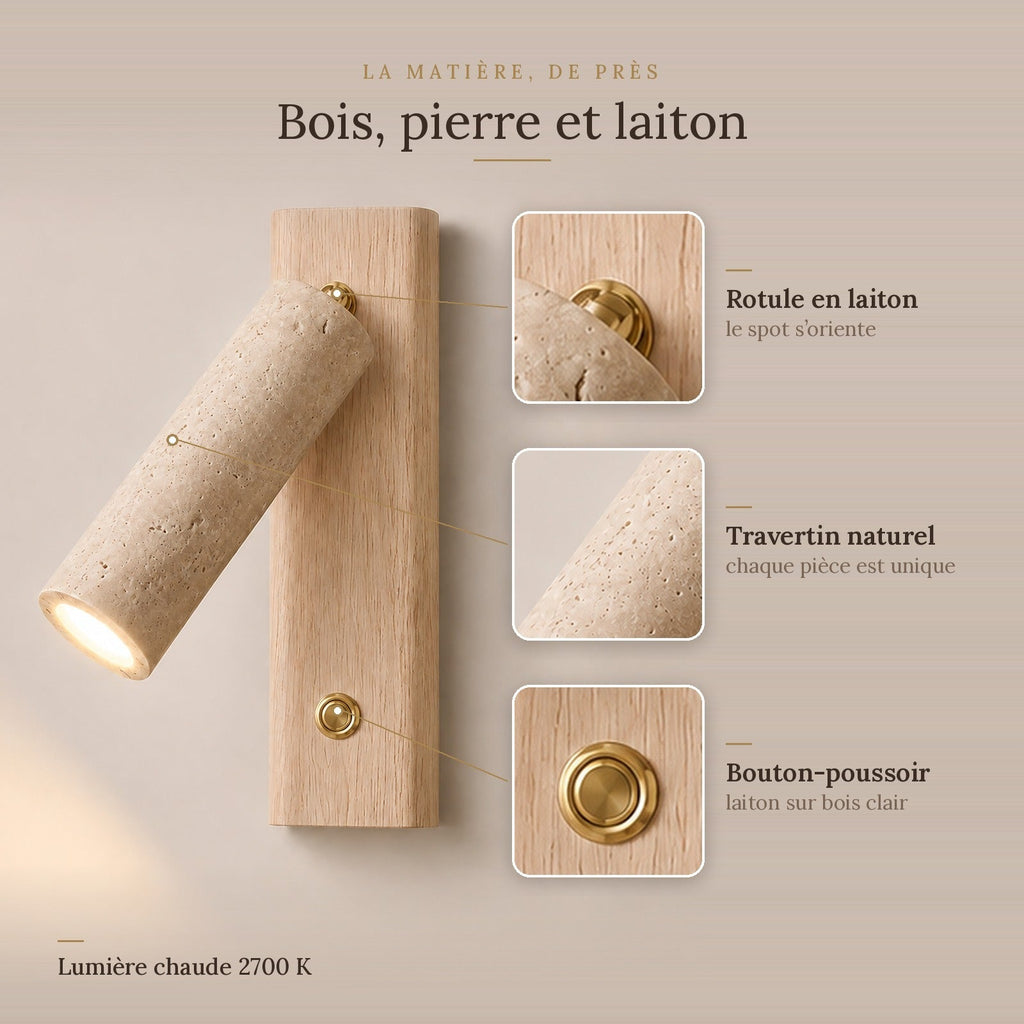 Travertine and Wood Reading Wall Light, Adjustable Spot – view 19 | BROKLEN