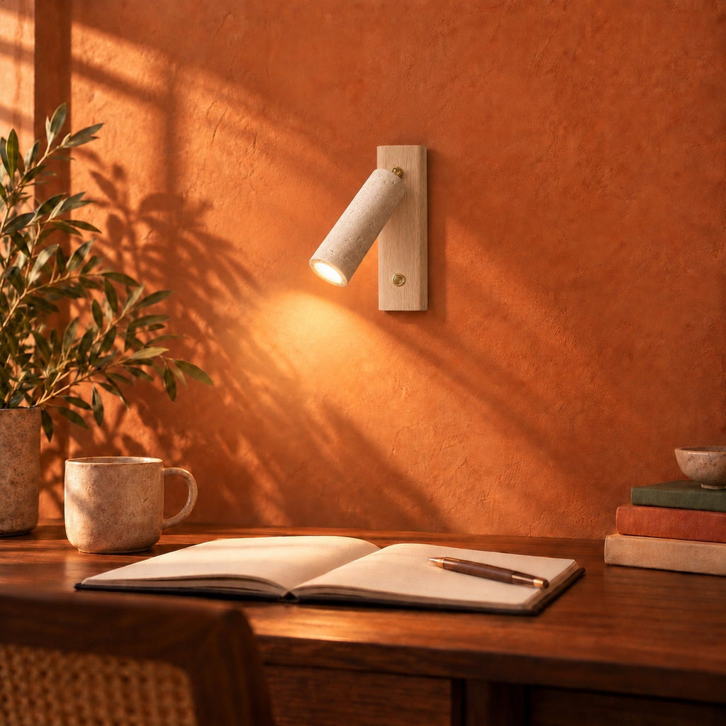 Travertine and Wood Reading Wall Light, Adjustable Spot – view 29 | BROKLEN