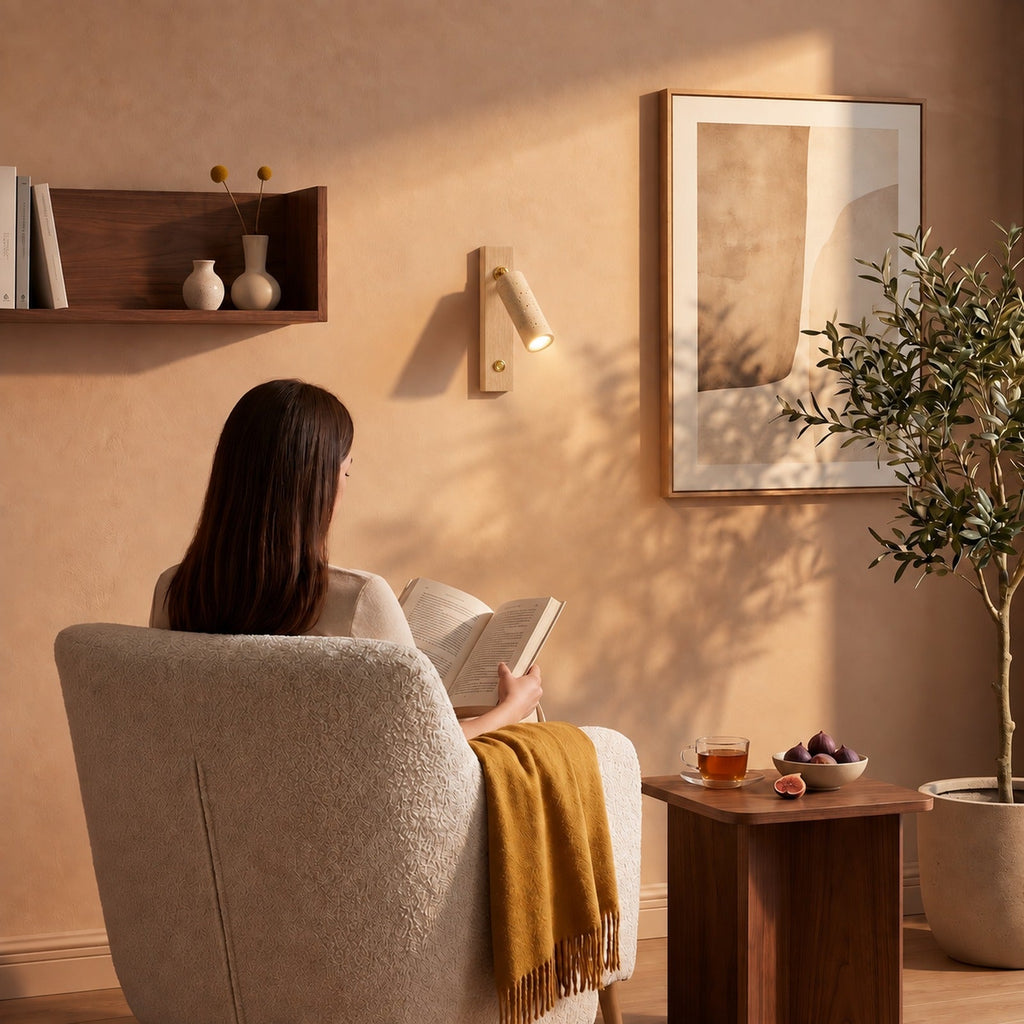 Travertine and Wood Reading Wall Light, Adjustable Spot – view 30 | BROKLEN