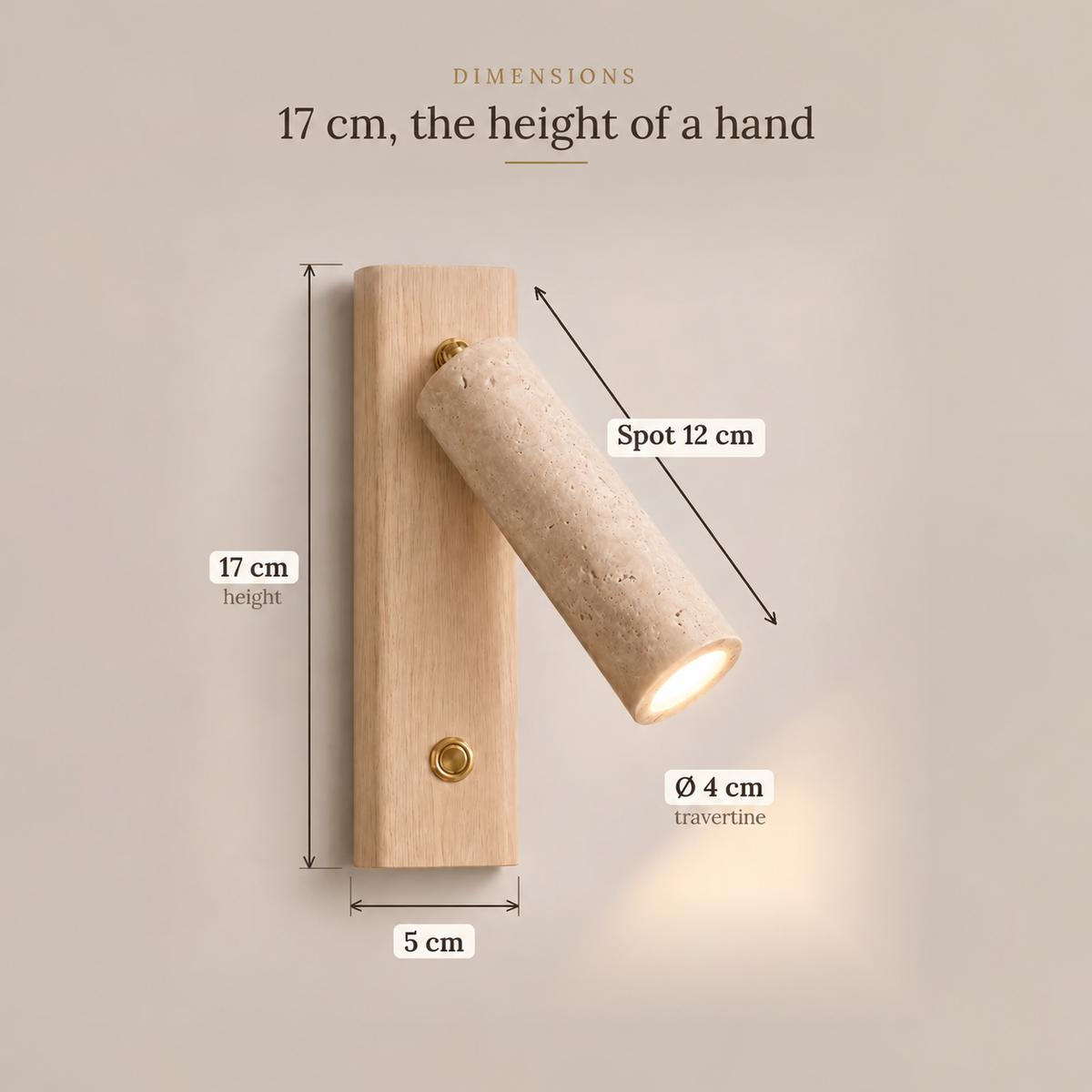 Travertine and Wood Reading Wall Light, Adjustable Spot – view 28 | BROKLEN