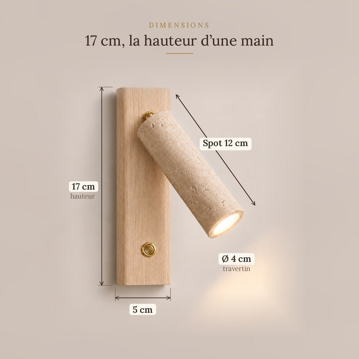 Travertine and Wood Reading Wall Light, Adjustable Spot – view 26 | BROKLEN