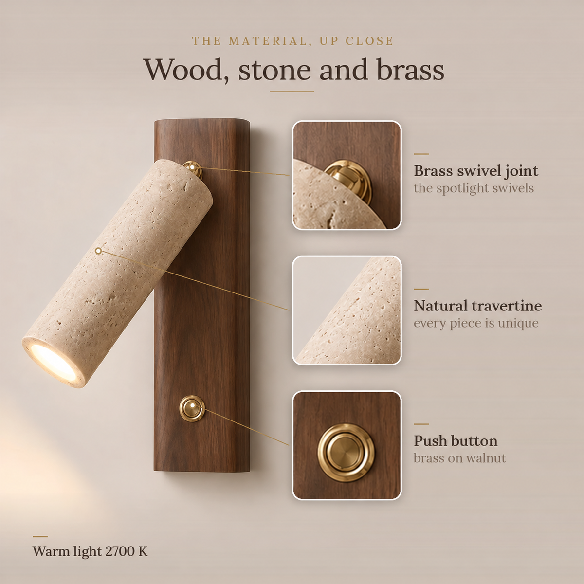 Travertine and Wood Reading Wall Light, Adjustable Spot – view 5 | BROKLEN