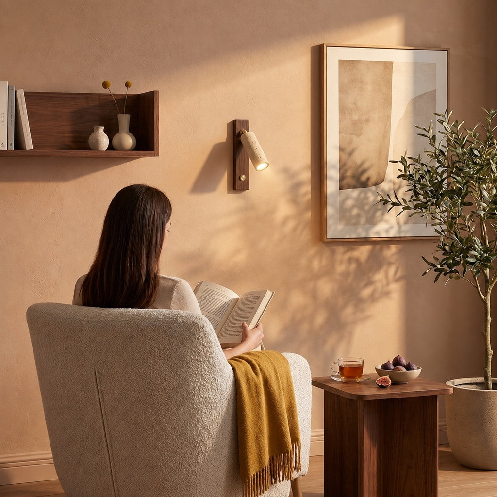 Travertine and Wood Reading Wall Light, Adjustable Spot – view 14 | BROKLEN