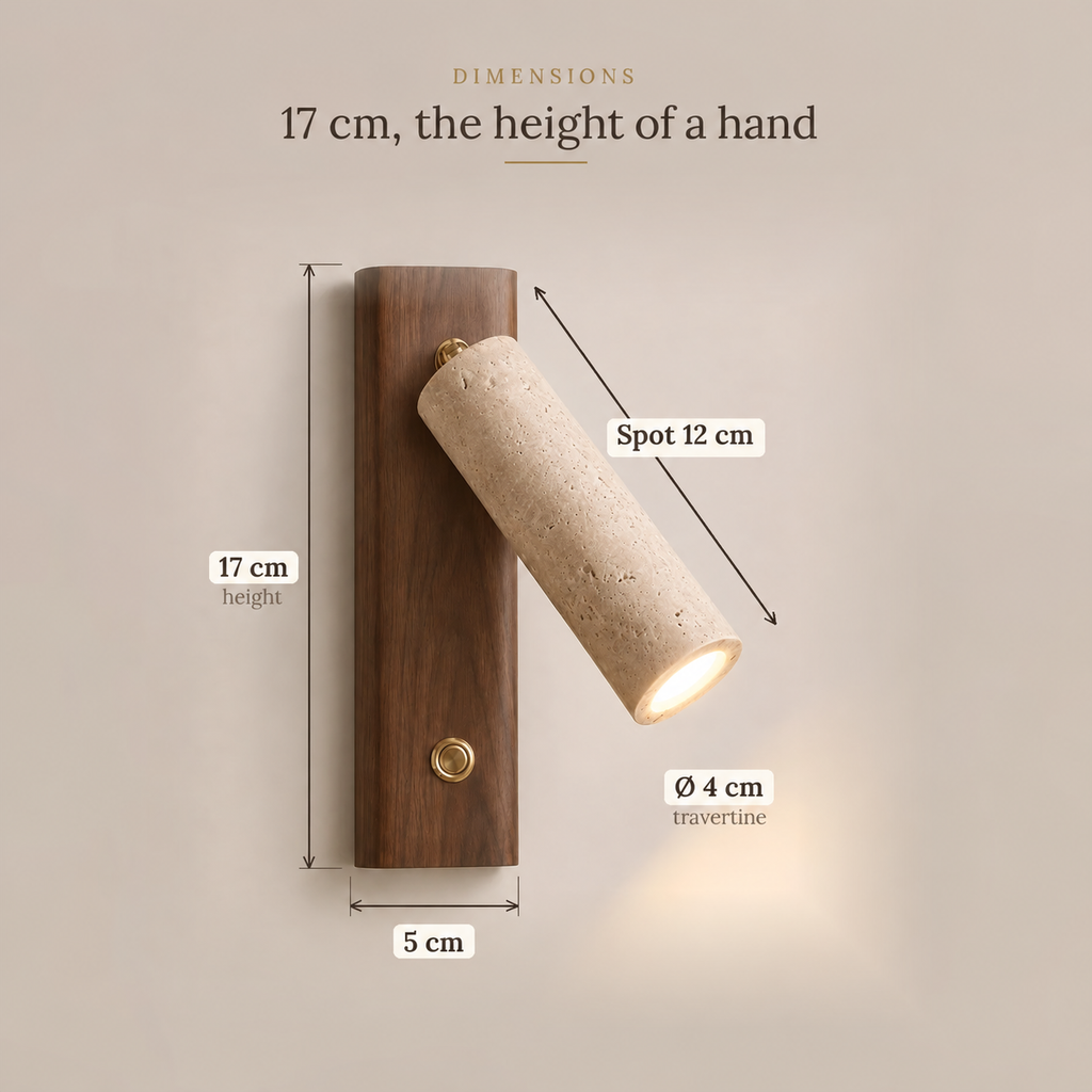 Travertine and Wood Reading Wall Light, Adjustable Spot – view 12 | BROKLEN