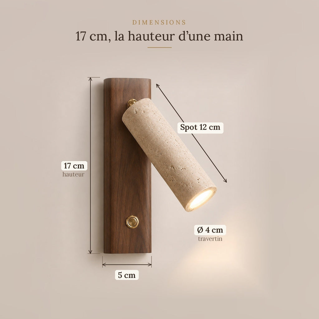 Travertine and Wood Reading Wall Light, Adjustable Spot – view 10 | BROKLEN