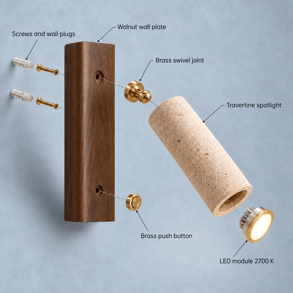 Travertine and Wood Reading Wall Light, Adjustable Spot – view 9 | BROKLEN
