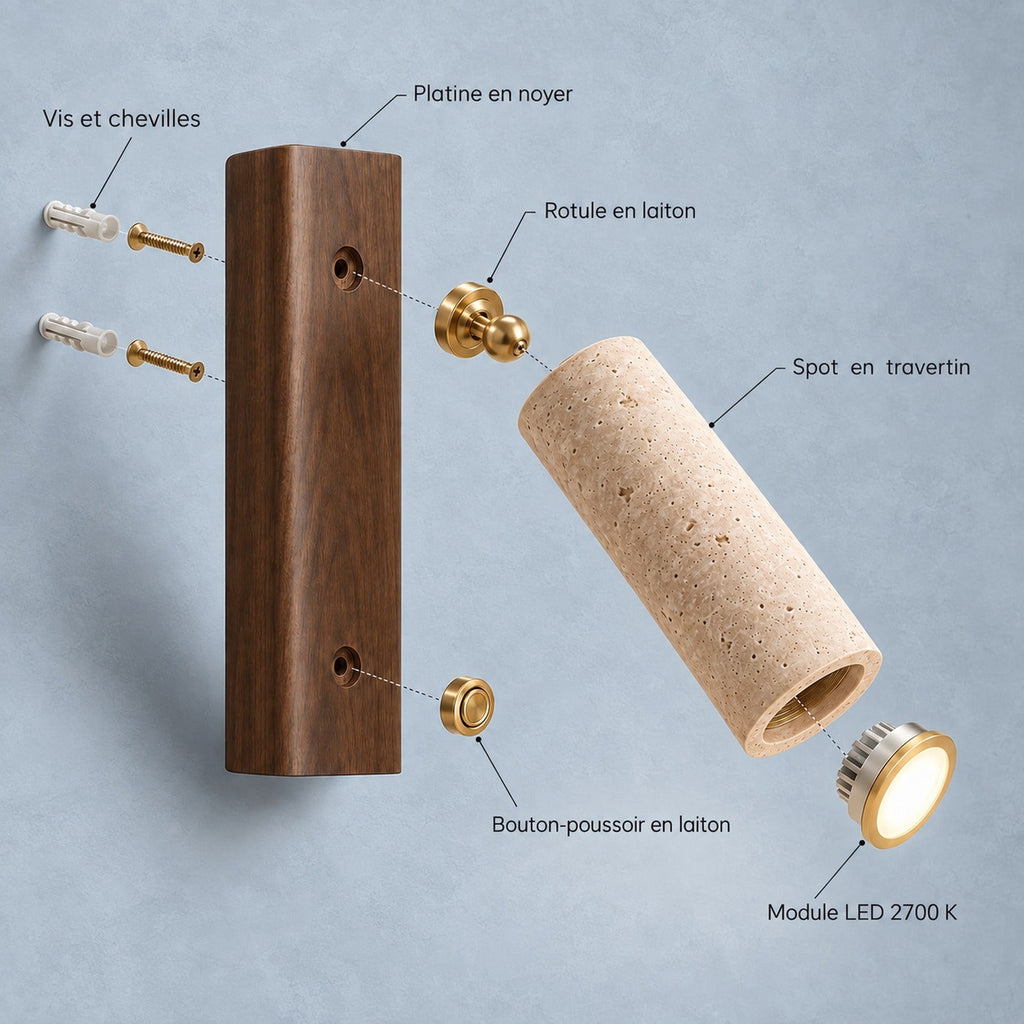 Travertine and Wood Reading Wall Light, Adjustable Spot – view 7 | BROKLEN