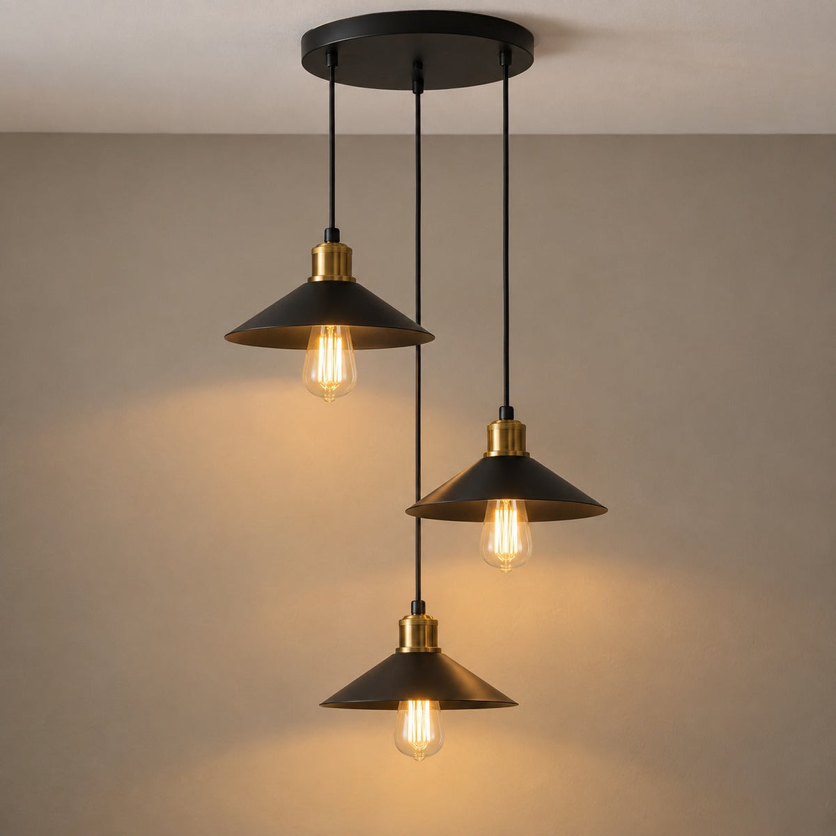 Vintage Black Metal 3-Light Chandelier with Cone Shades, E27 – view 3 | BROKLEN