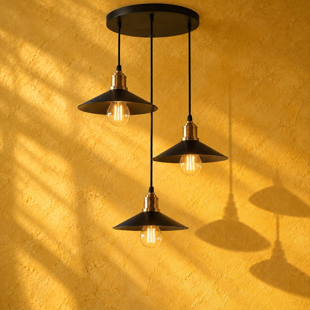 Vintage Black Metal 3-Light Chandelier with Cone Shades, E27