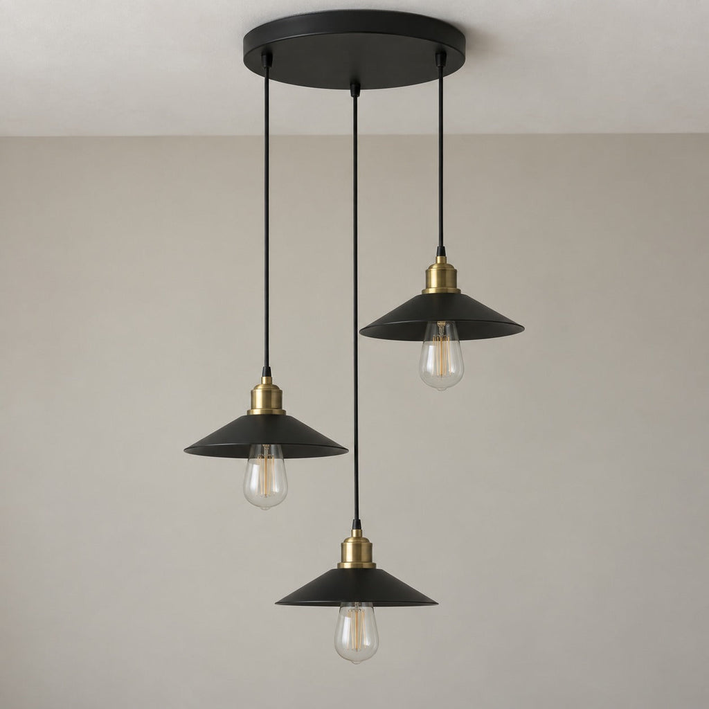Vintage Black Metal 3-Light Chandelier with Cone Shades, E27 – view 2 | BROKLEN