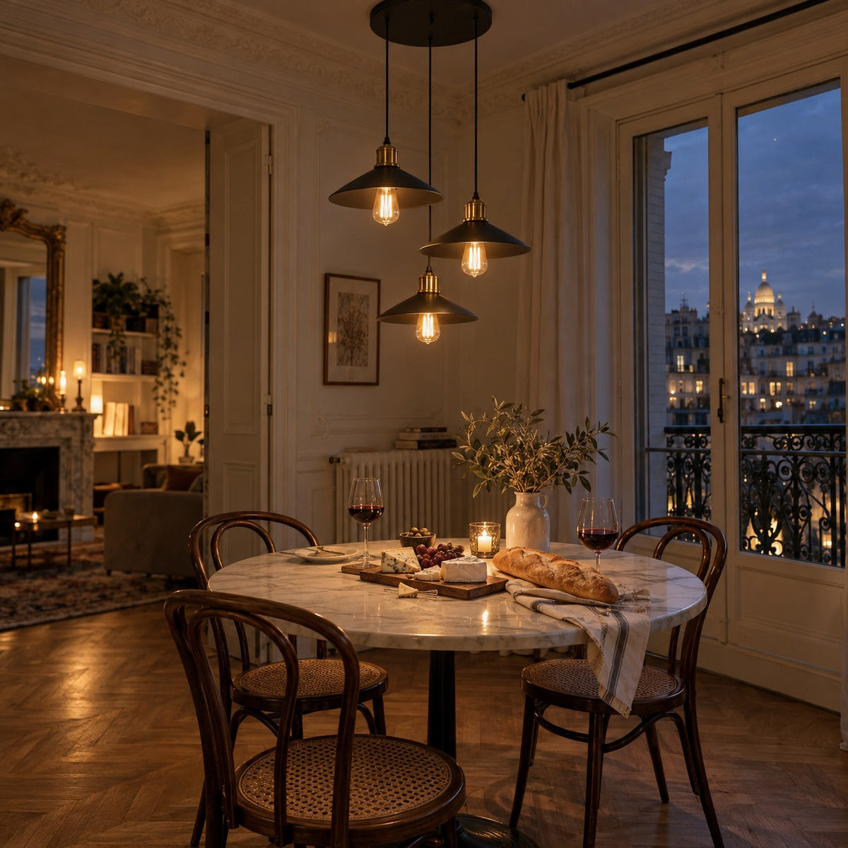 Vintage Black Metal 3-Light Chandelier with Cone Shades, E27 – view 8 | BROKLEN