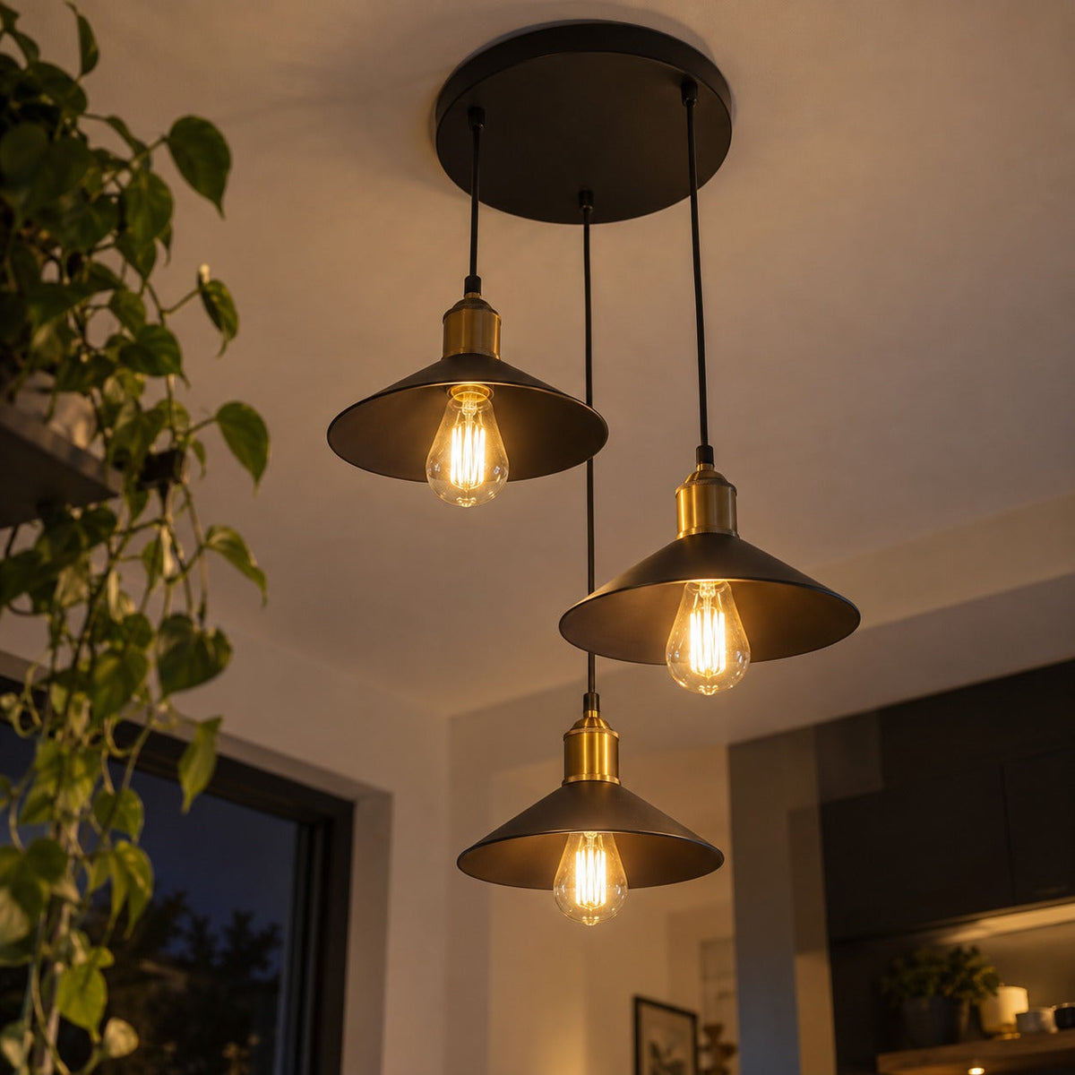 Vintage Black Metal 3-Light Chandelier with Cone Shades, E27 – view 19 | BROKLEN