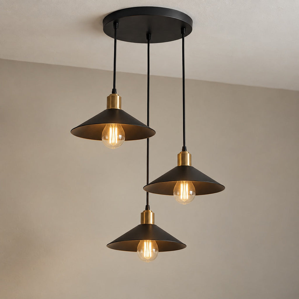 Vintage Black Metal 3-Light Chandelier with Cone Shades, E27 – view 4 | BROKLEN