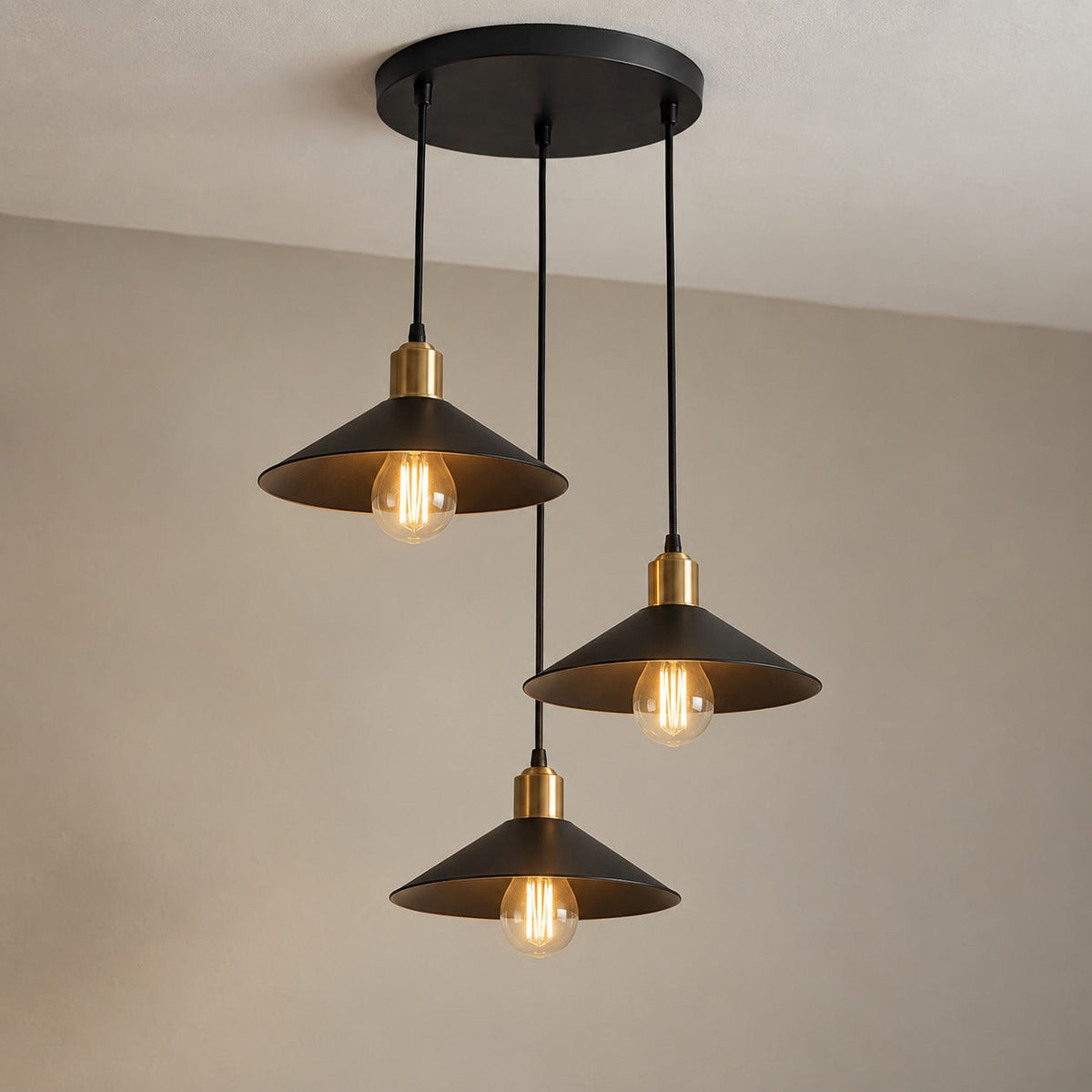 Vintage Black Metal 3-Light Chandelier with Cone Shades, E27 – view 4 | BROKLEN