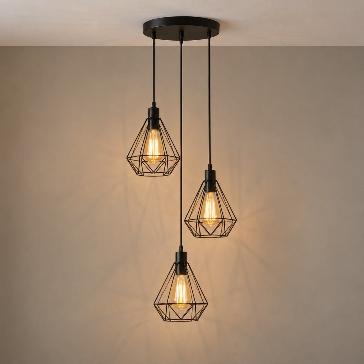 Industrial Black Metal Cage 3-Light Chandelier – view 3 | BROKLEN