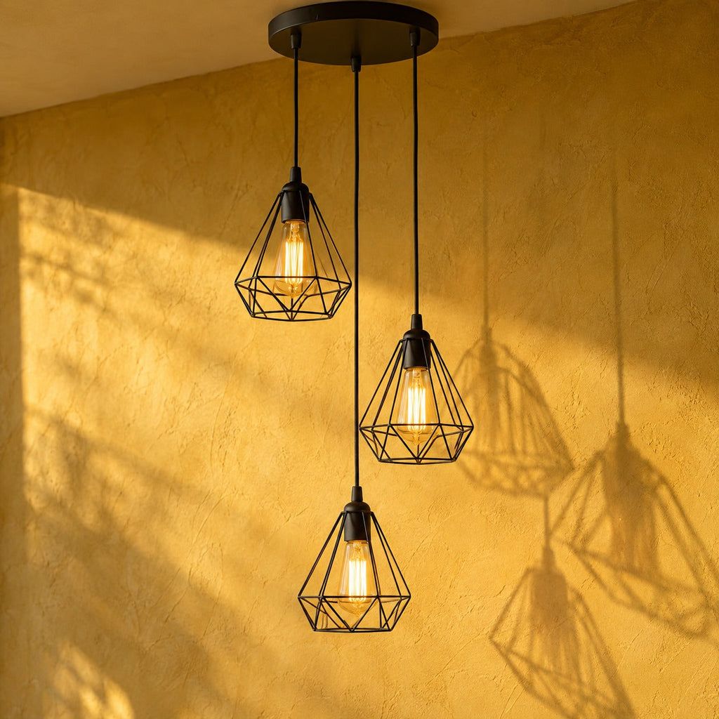 Industrial Black Metal Cage 3-Light Chandelier