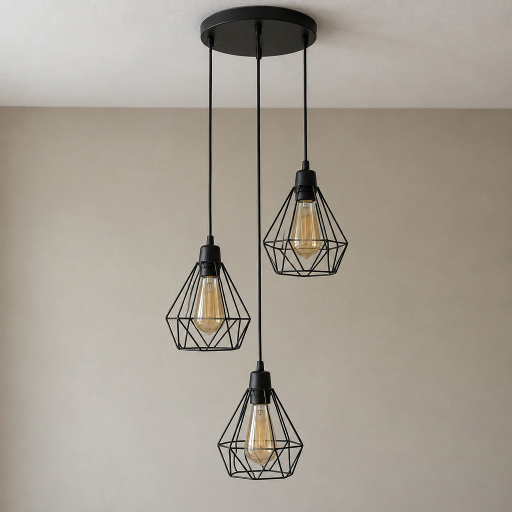 Industrial Black Metal Cage 3-Light Chandelier – view 2 | BROKLEN