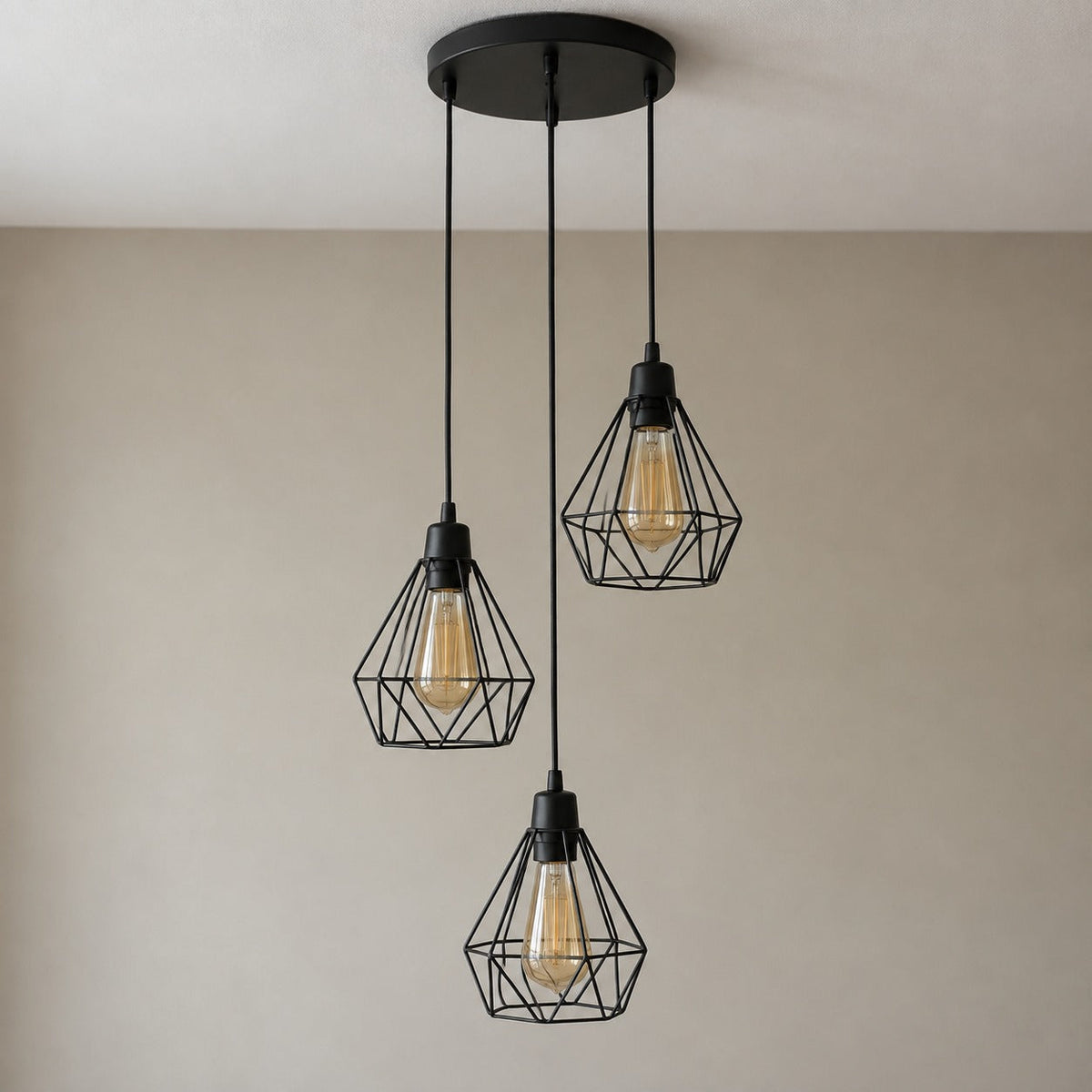 Industrial Black Metal Cage 3-Light Chandelier – view 2 | BROKLEN