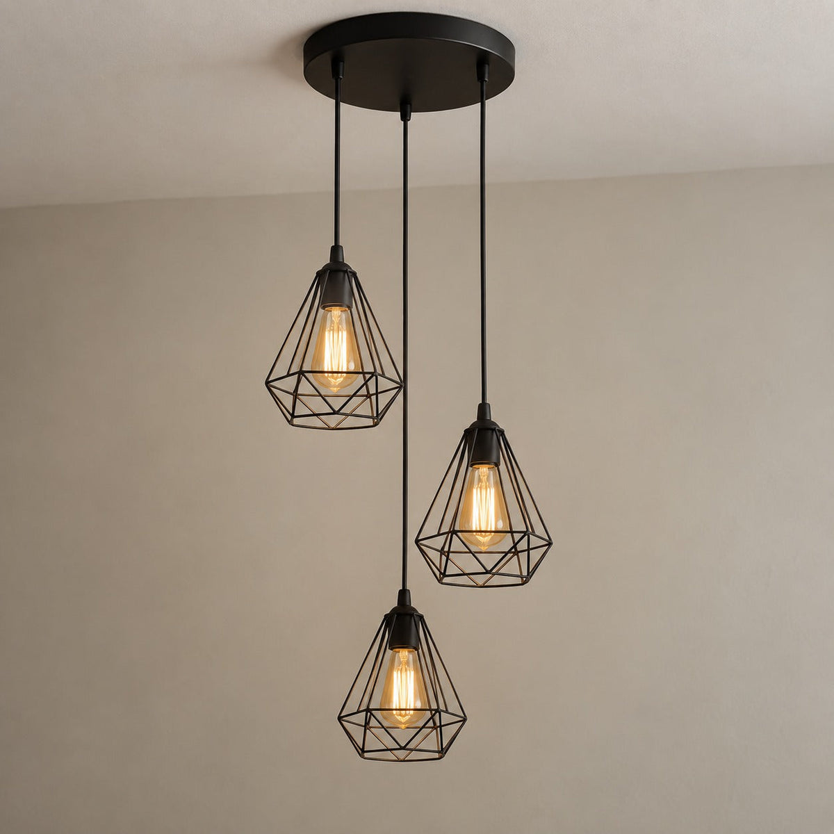 Industrial Black Metal Cage 3-Light Chandelier – view 4 | BROKLEN