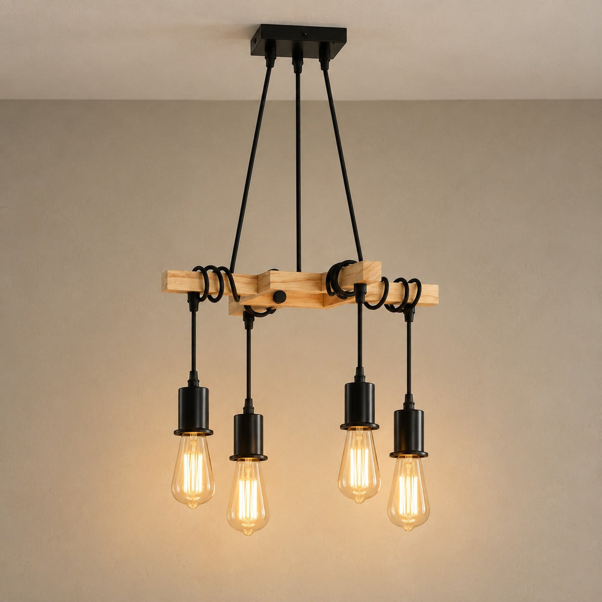 Vintage Wood and Black Metal 4-Light Chandelier, E27 – view 3 | BROKLEN