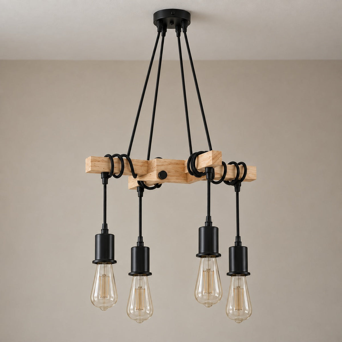 Vintage Wood and Black Metal 4-Light Chandelier, E27 – view 2 | BROKLEN