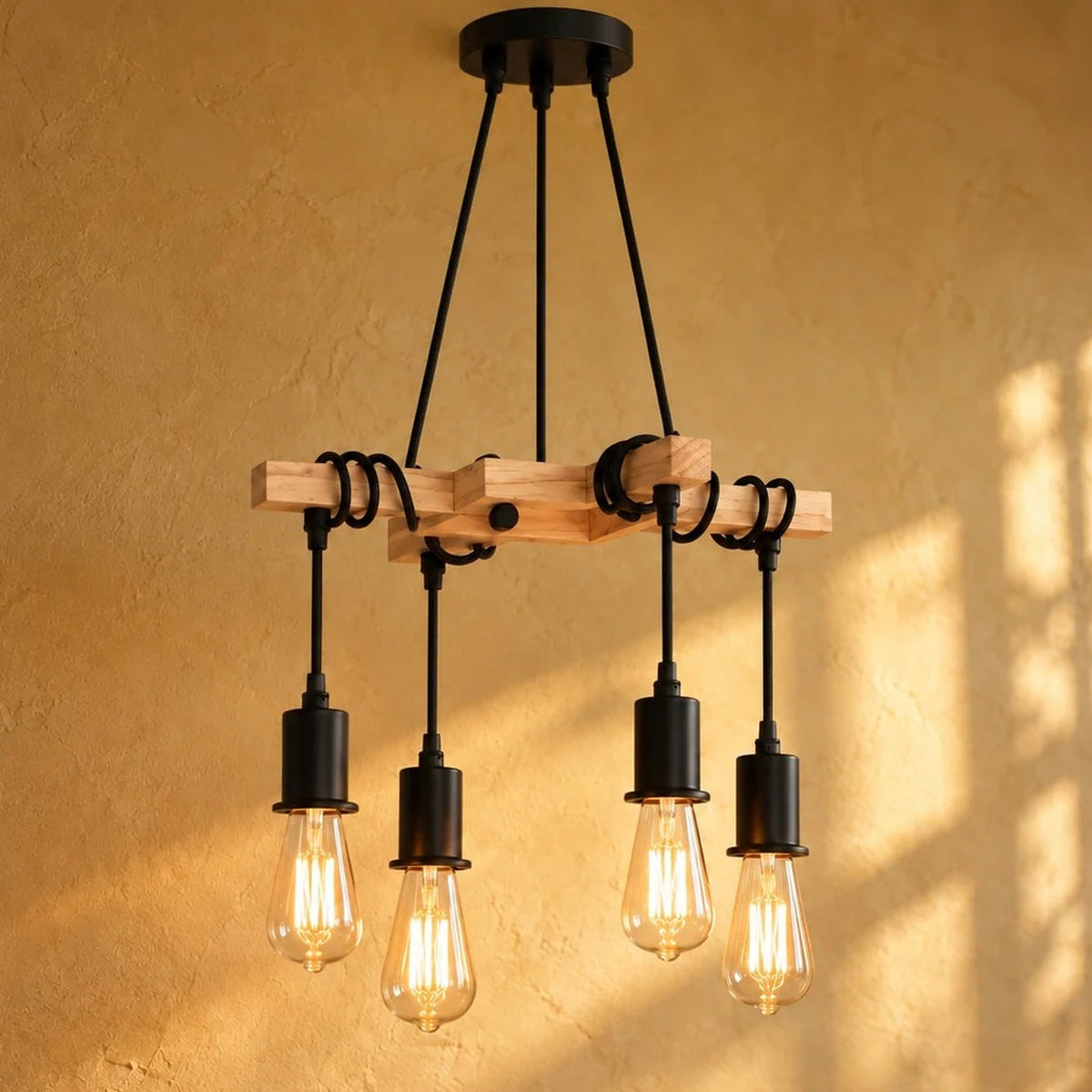 Vintage Wood and Black Metal 4-Light Chandelier, E27