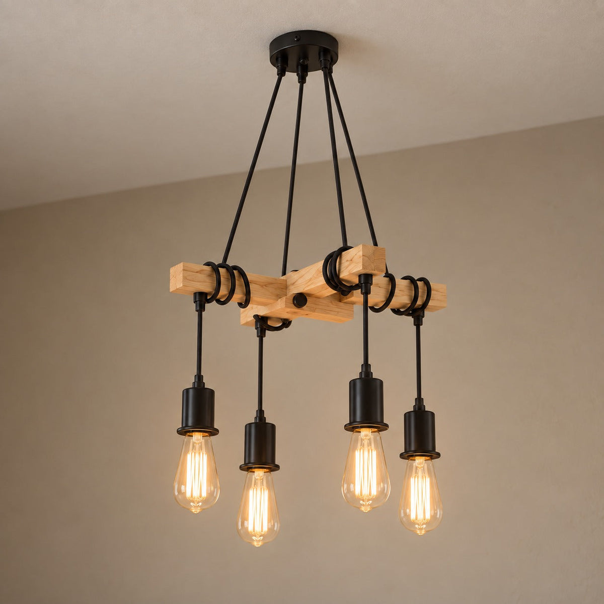Vintage Wood and Black Metal 4-Light Chandelier, E27 – view 4 | BROKLEN