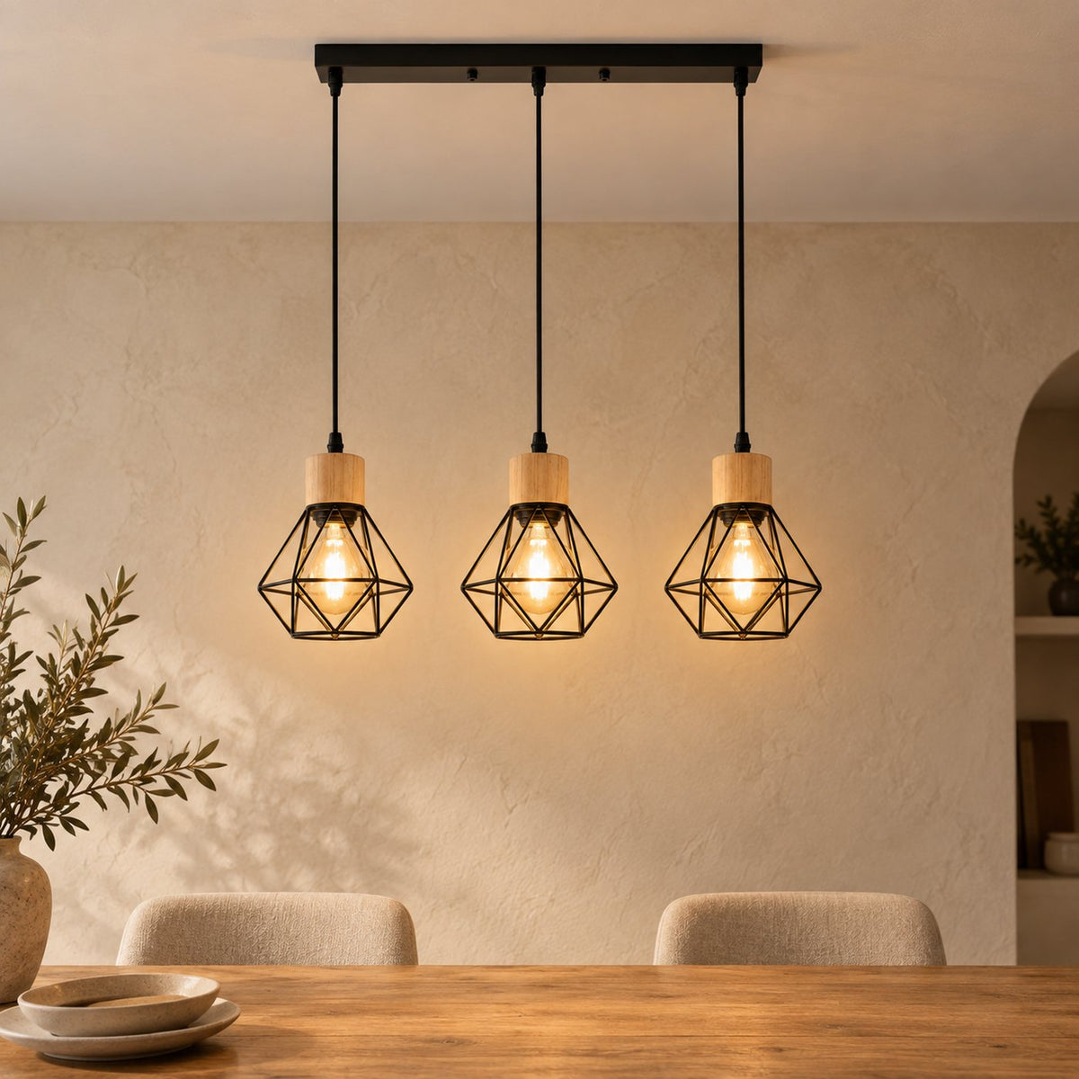 Black Iron Diamond Cage 3-Light Chandelier, E27
