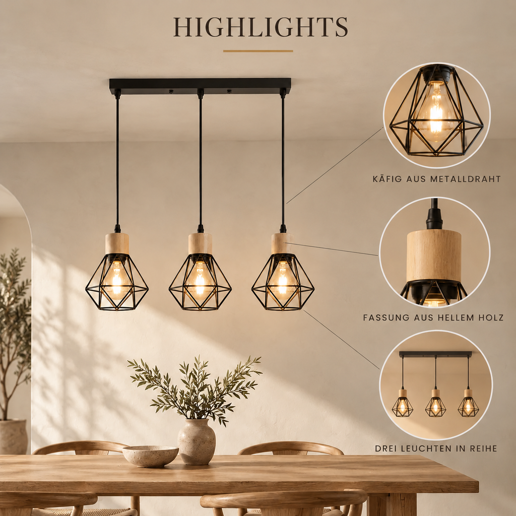 Black Iron Diamond Cage 3-Light Chandelier, E27 – view 5 | BROKLEN