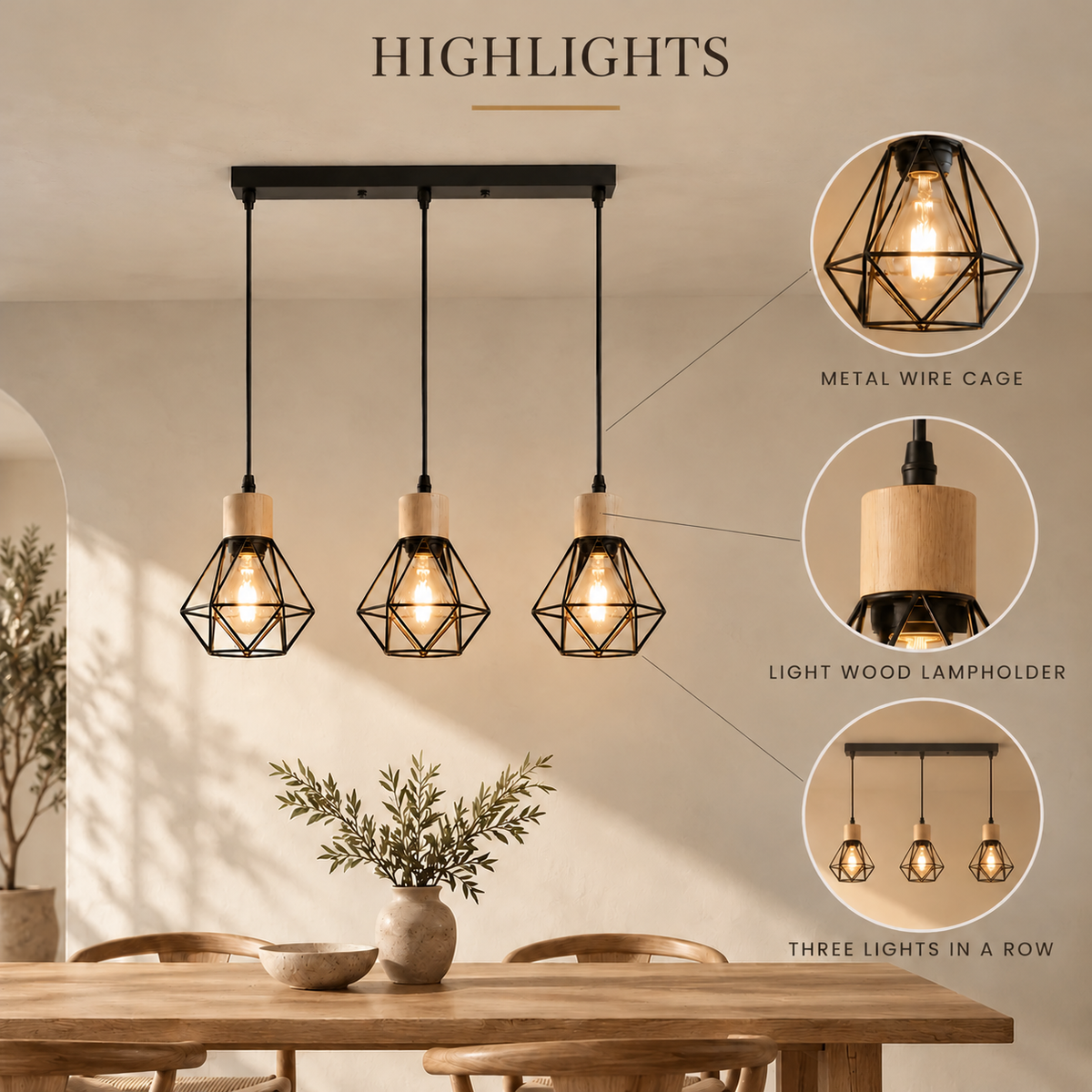 Black Iron Diamond Cage 3-Light Chandelier, E27 – view 6 | BROKLEN