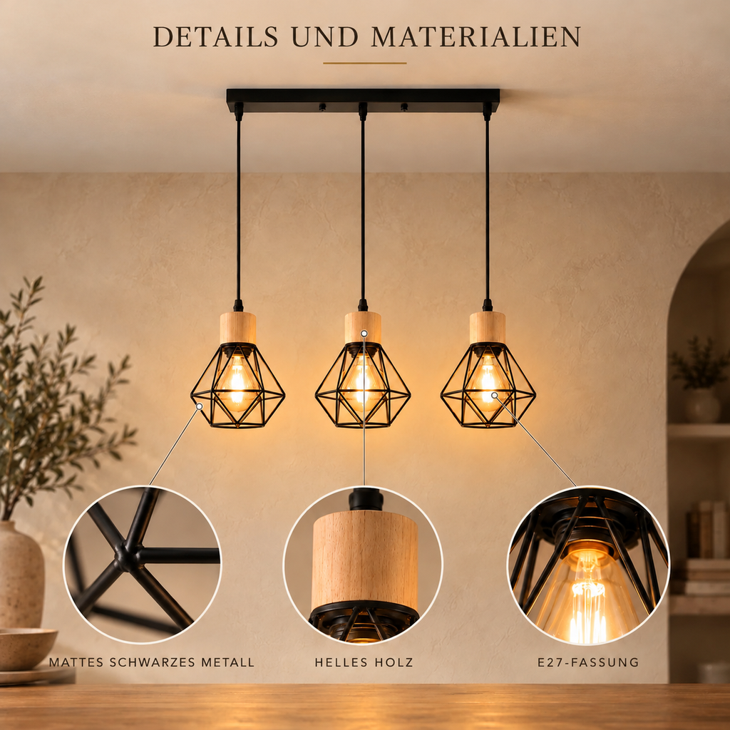 Black Iron Diamond Cage 3-Light Chandelier, E27 – view 11 | BROKLEN