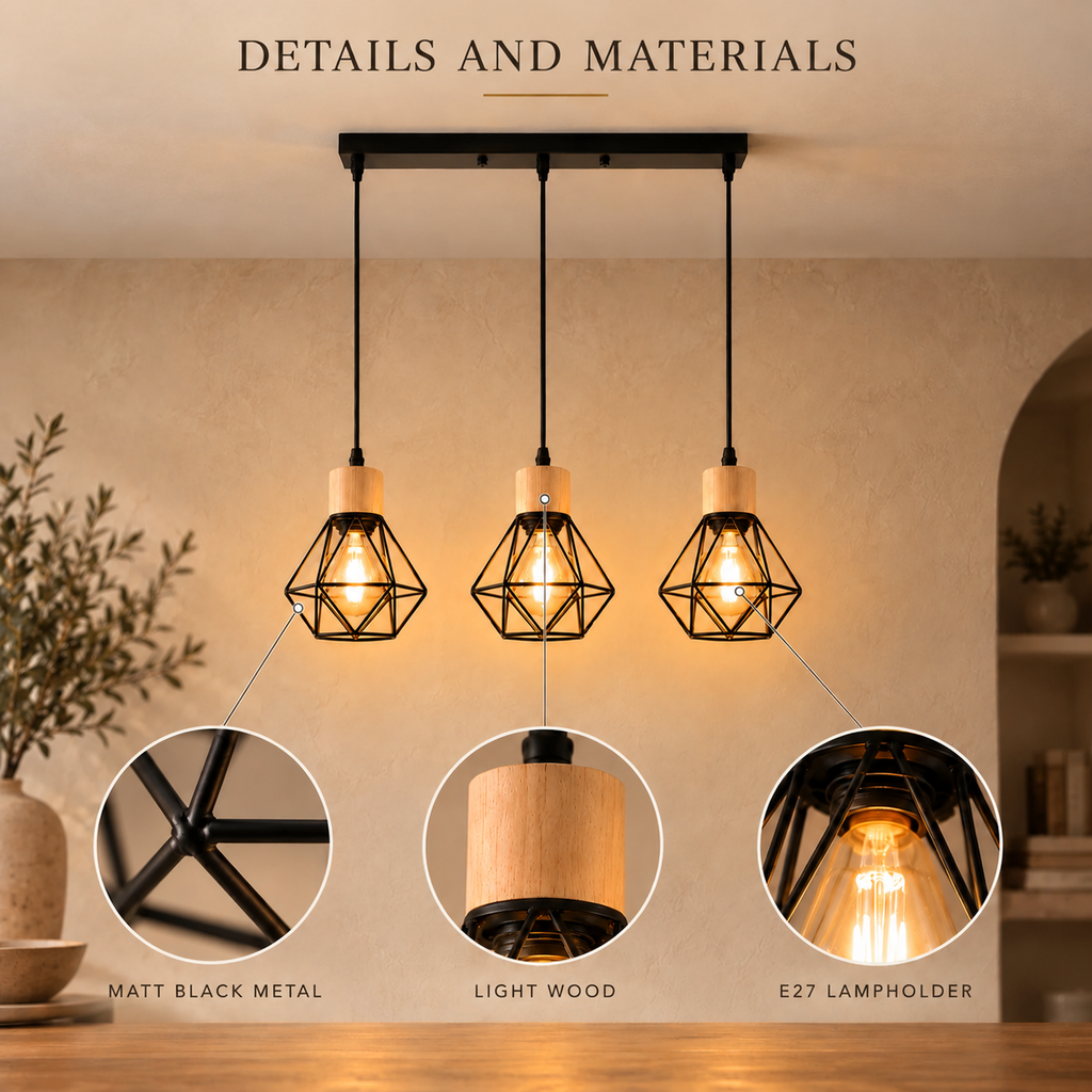 Black Iron Diamond Cage 3-Light Chandelier, E27 – view 12 | BROKLEN
