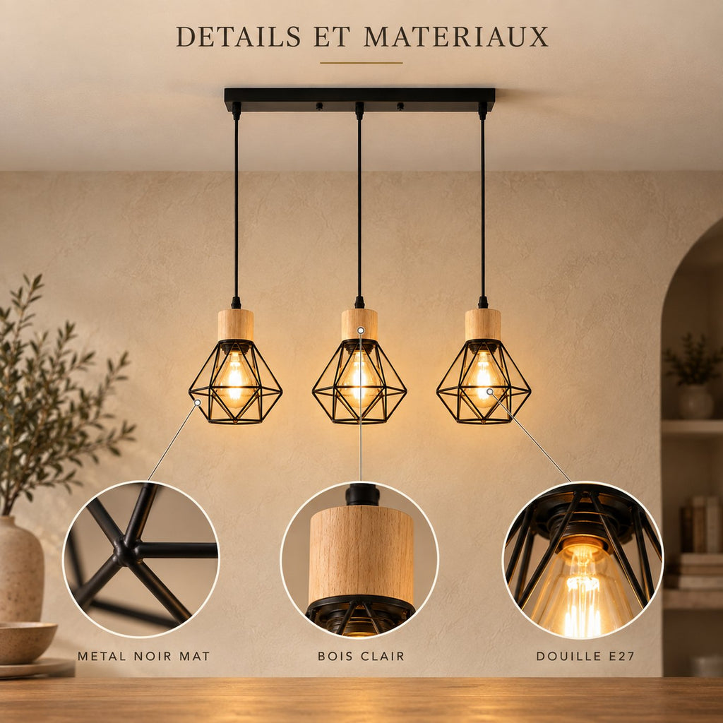 Black Iron Diamond Cage 3-Light Chandelier, E27 – view 10 | BROKLEN