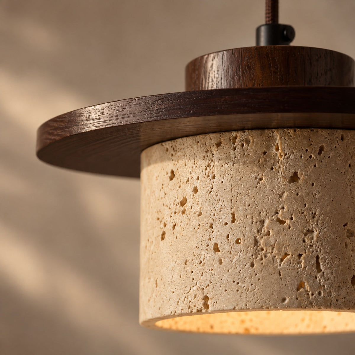 Travertine Pendant Light with Wooden Disc, Ø 20 cm – view 15 | BROKLEN