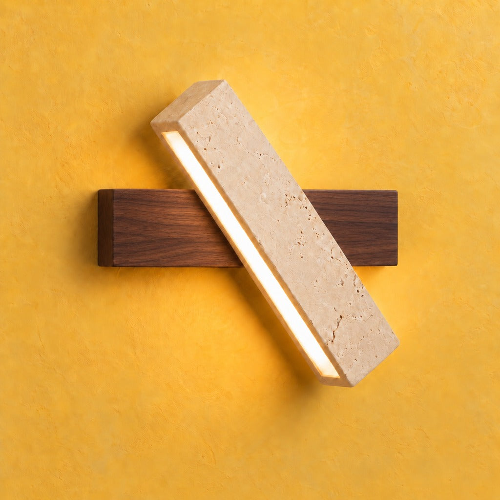 Diagonal Natural Stone LED Wall Light, Wood Backplate